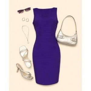Cache Vintage Y2K Purple Pleated Sheath Bodycon Midi Dress Women's Size 8